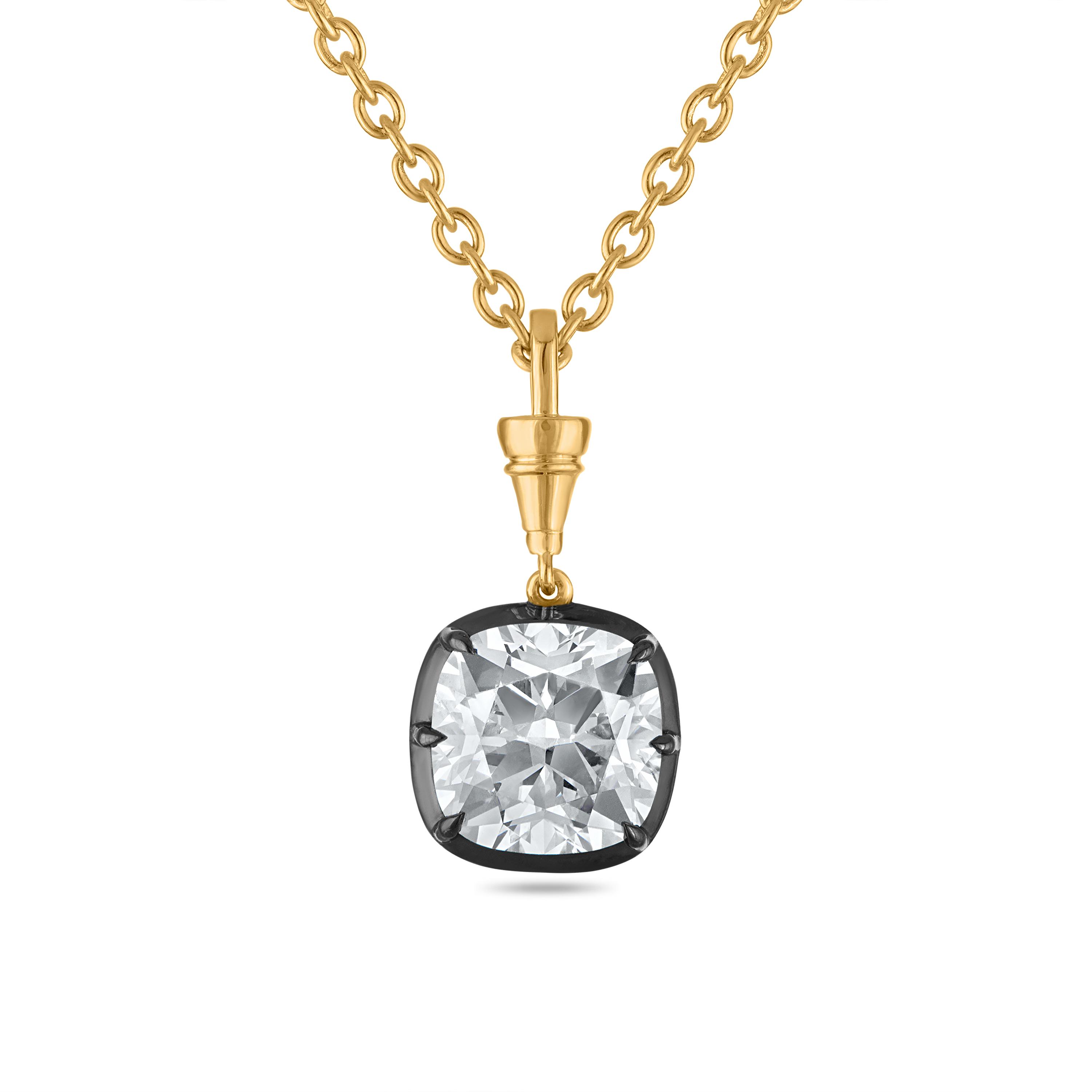 Black Button Back Square Cushion Solitaire Pendant - 3 Carats
